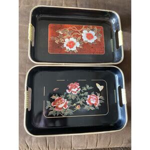 Two Plastic Japanese 10 1/2” Floral Both Different Wrapped Handle Trays